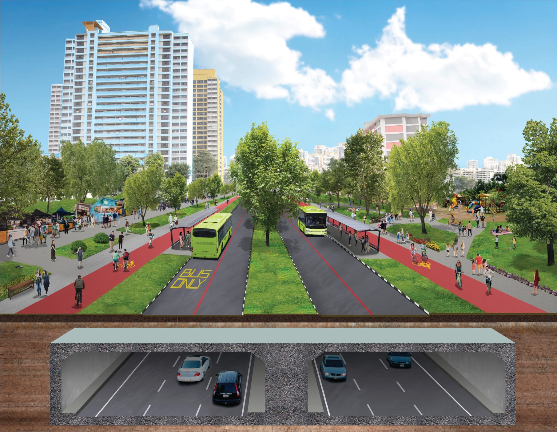 A layered illustration of a city with a park, bus lanes, and an underground tunnel with cars.